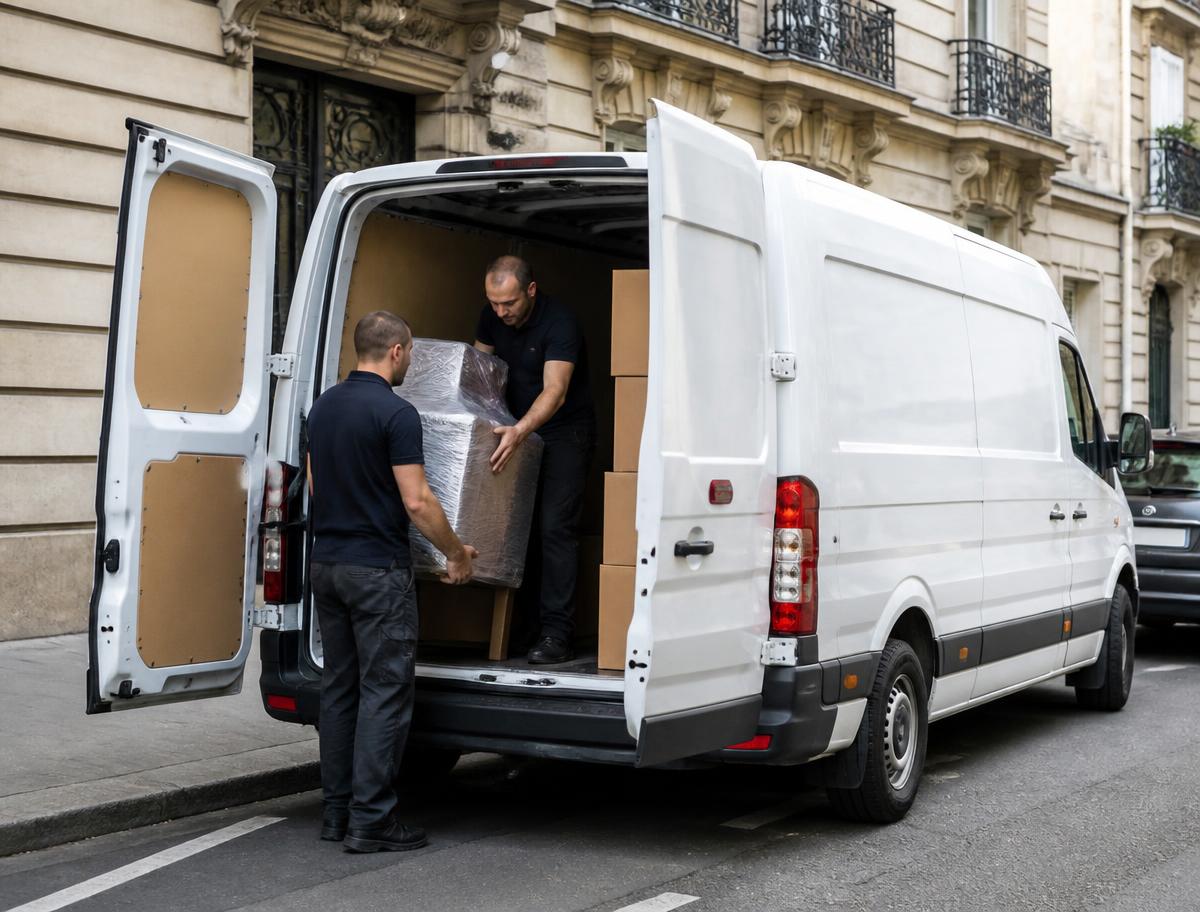 Déménageurs portant un canapé emballé dans un escalier d'immeuble