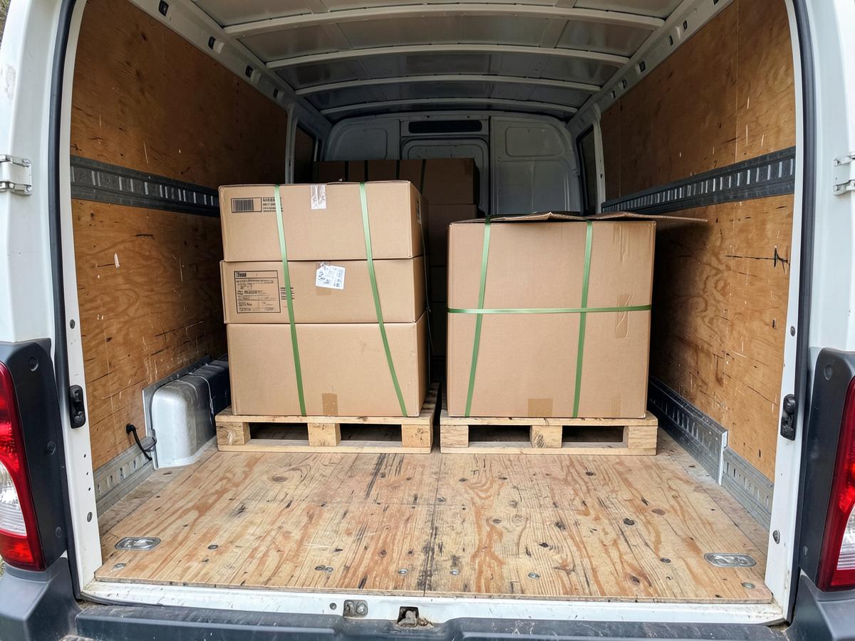 Cartons et palettes sanglés à l'intérieur d'un véhicule utilitaire