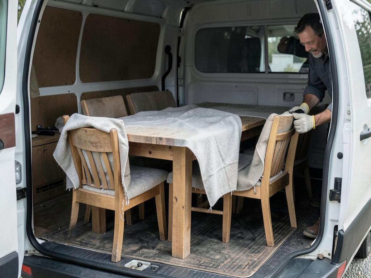 Meubles en bois protégés par des couvertures dans un fourgon utilitaire